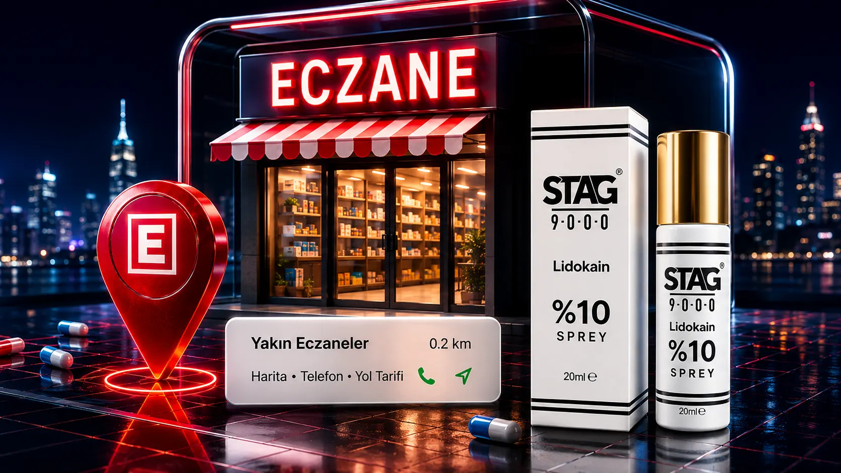 3D eczane vitrini, konum pini ve Stag 9000 ürün bilgisi